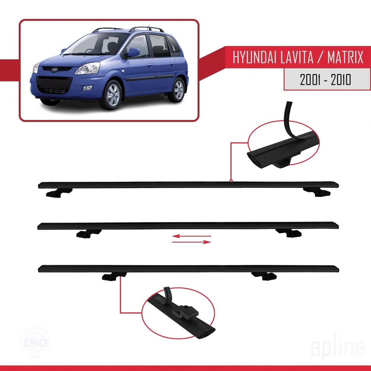 Compatible avec Hyundai Matrix (FC) 2001-2010 BASIC Model Barres de Toit Railing Porte-Bagages de Voiture Noir Aluminium 3 Barres