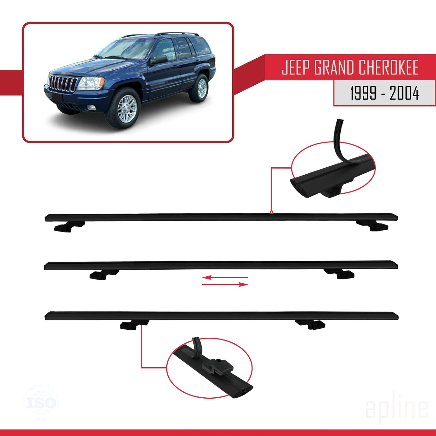 Compatible avec Jeep Grand Cherokee 2 (WJ) 1999-2004 BASIC Model Barres de Toit Railing Porte-Bagages de Voiture Noir Aluminium 3 Barres