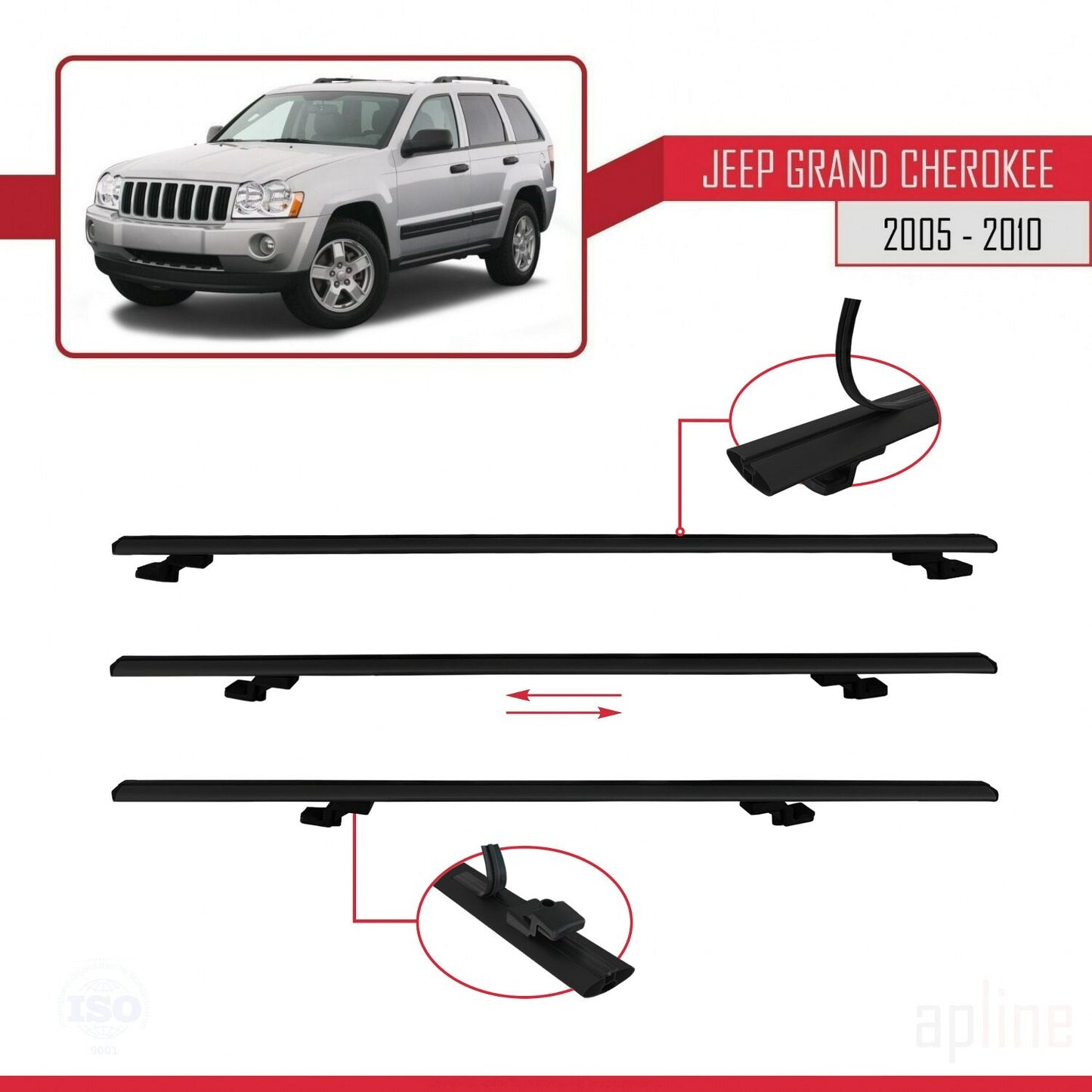 Compatible avec Jeep Grand Cherokee 3 (WK) 2005-2010 BASIC Model Barres de Toit Railing Porte-Bagages de Voiture Noir Aluminium 2 Barres