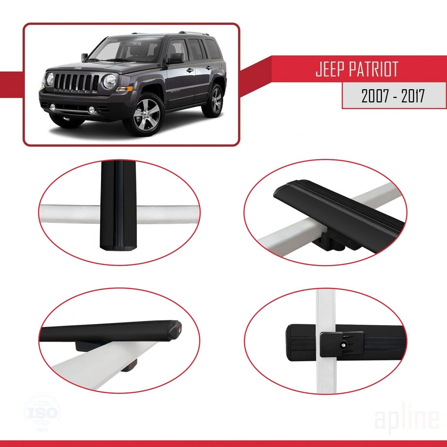 Compatible avec Jeep Patriot 2007-2017 BASIC Model Barres de Toit Railing Porte-Bagages de Voiture Noir Aluminium 2 Barres