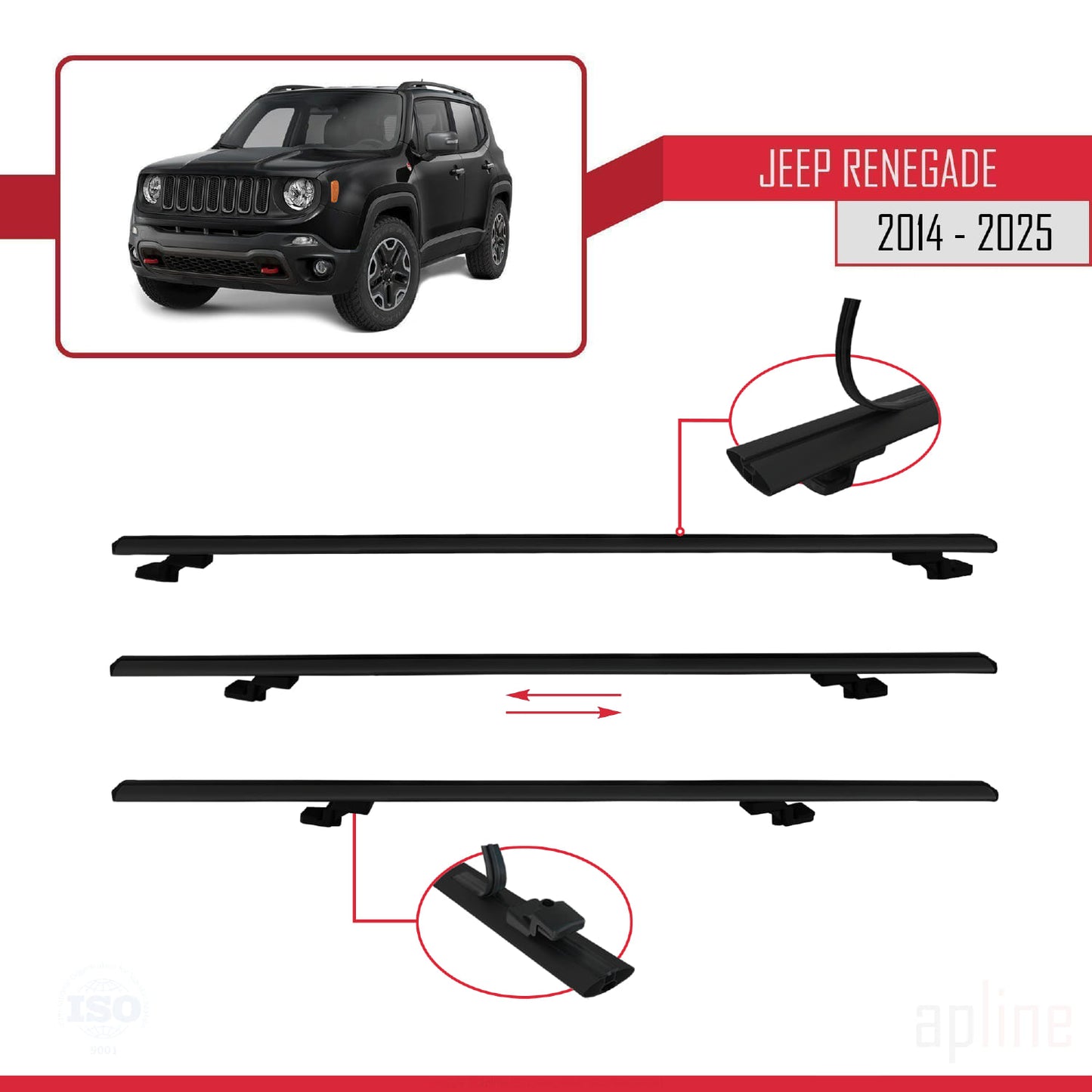 Compatible avec Jeep Renegade (BU) 2014-2025 BASIC Model Barres de Toit Railing Porte-Bagages de Voiture Noir Aluminium 2 Barres