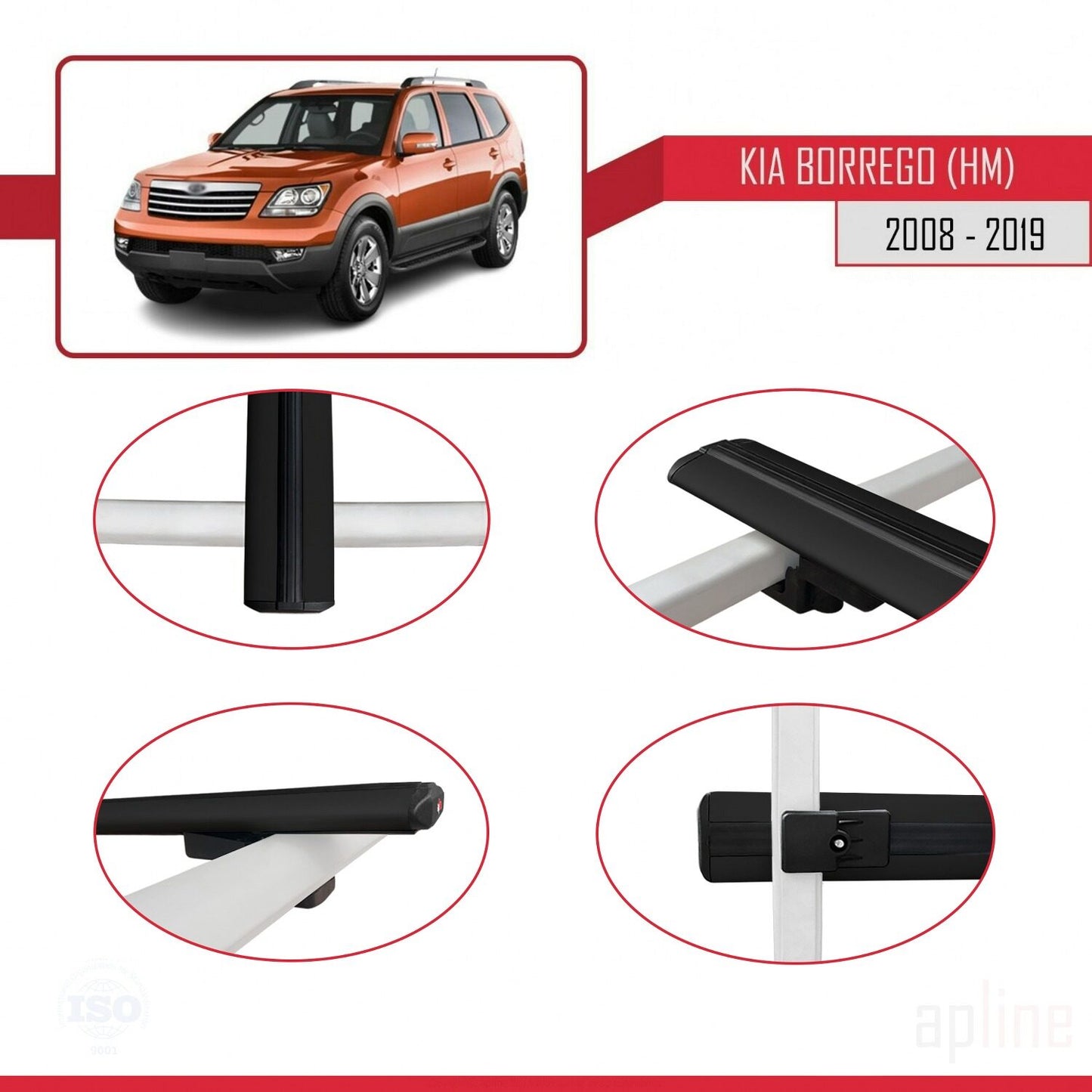 Compatible avec Kia Borrego (HM) 2008-2019 BASIC Model Barres de Toit Railing Porte-Bagages de Voiture Noir Aluminium 2 Barres