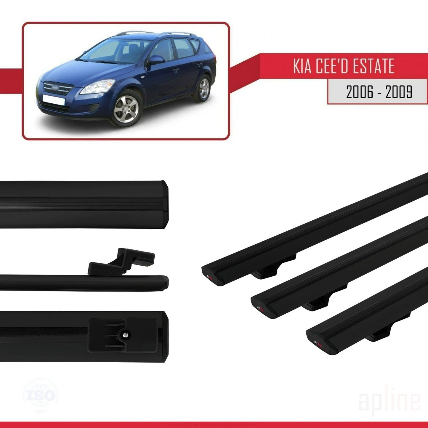 Compatible with Kia Ceed (ED) SW Pre-Facelift 2006-2009 BASIC Model Car Roof Rack Cross Bar Black Aluminium 3 Bars