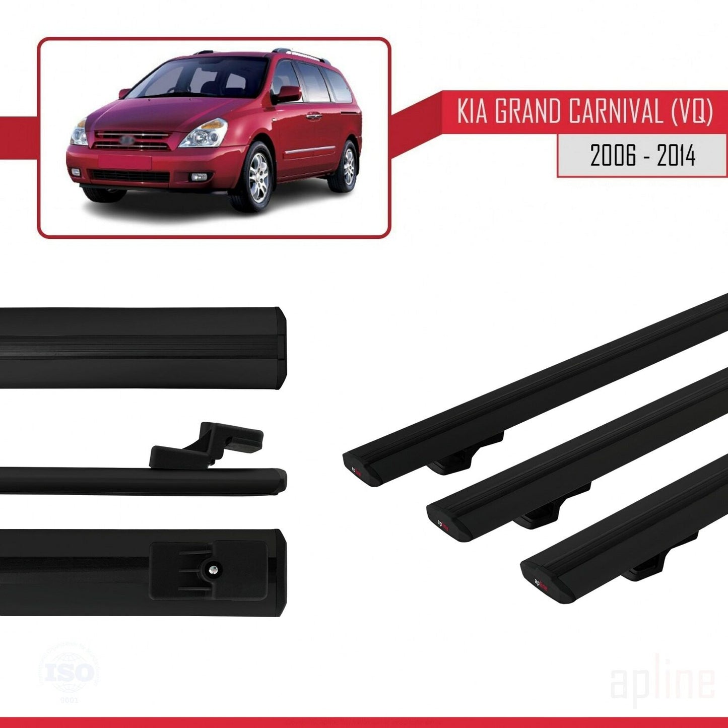 Compatible with Kia Grand Carnival 2 (VQ) 2006-2014 BASIC Model Car Roof Rack Cross Bar Black Aluminium 3 Bars