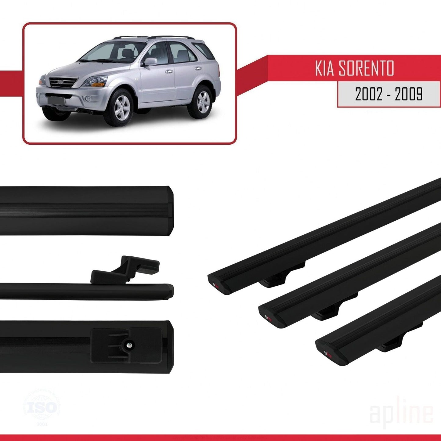 Compatible avec Kia Sorento (BL) 2002-2009 BASIC Model Barres de Toit Railing Porte-Bagages de Voiture Noir Aluminium 3 Barres