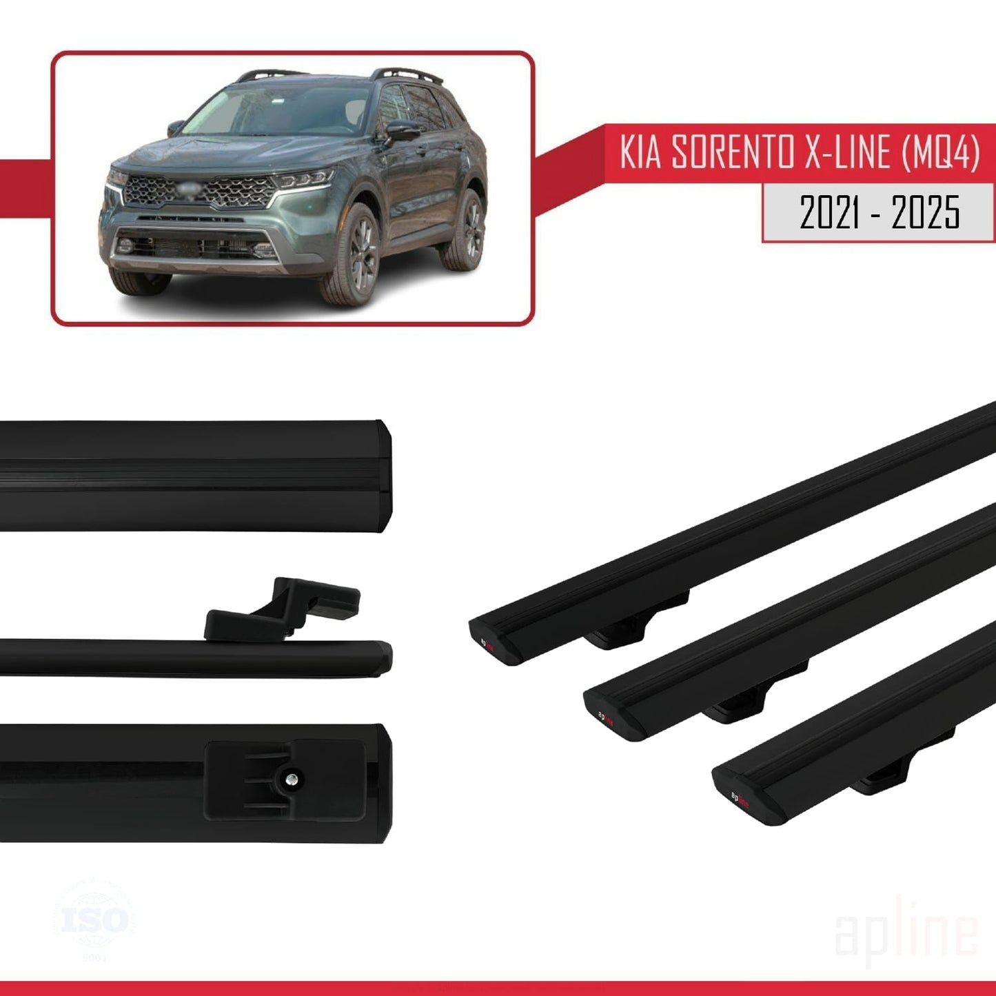 Compatible avec Kia Sorento 4 (MQ4) X-Line 2021-2025 BASIC Model Barres de Toit Railing Porte-Bagages de Voiture Noir Aluminium 3 Barres