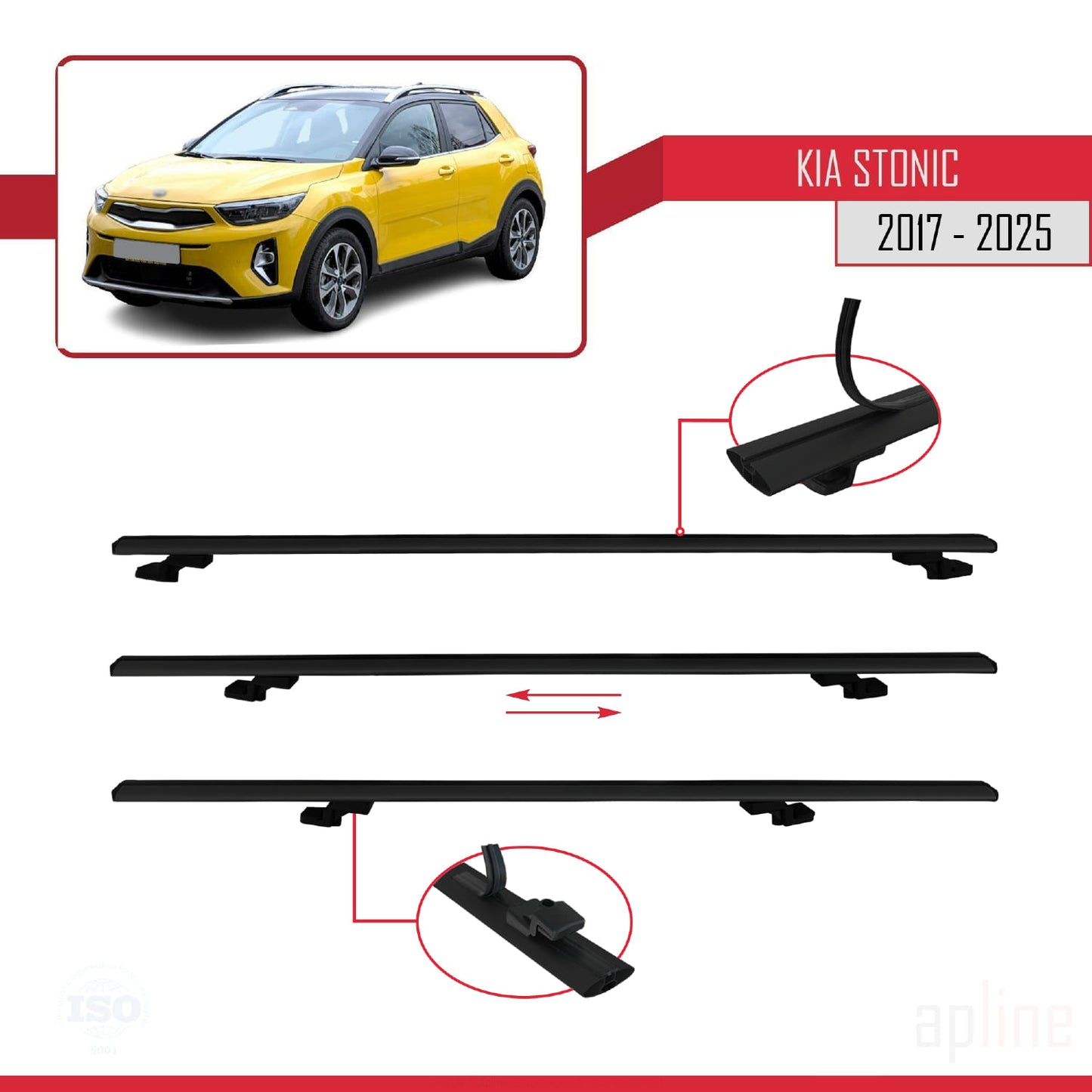 Compatible avec Kia Stonic 2017-2025 BASIC Model Barres de Toit Railing Porte-Bagages de Voiture Noir Aluminium 2 Barres