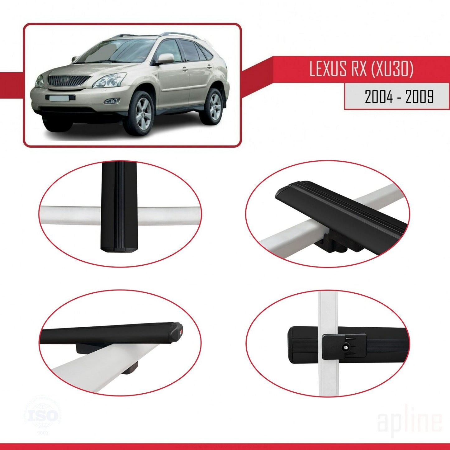 Compatible with Lexus RX 2 (XU30) 2004-2009 BASIC Model Car Roof Rack Cross Bar Black Aluminium 2 Bars