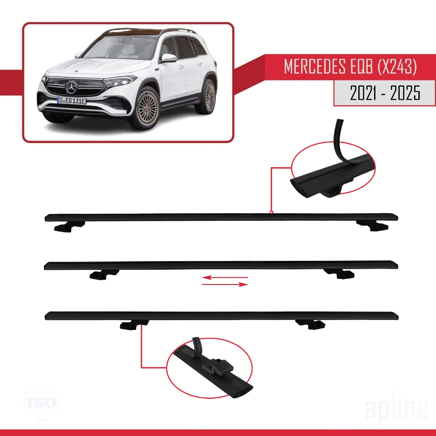 Compatible with Mercedes EQB (X243) 2021-2025 BASIC Model Car Roof Rack Cross Bar Black Aluminium 2 Bars