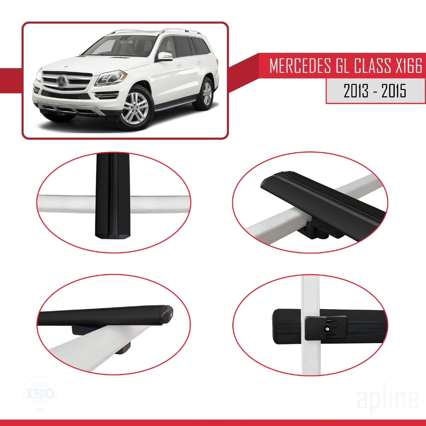 Compatible with Mercedes GL Class 2 (X166) Pre-Facelift 2013-2015 BASIC Model Car Roof Rack Cross Bar Black Aluminium 3 Bars