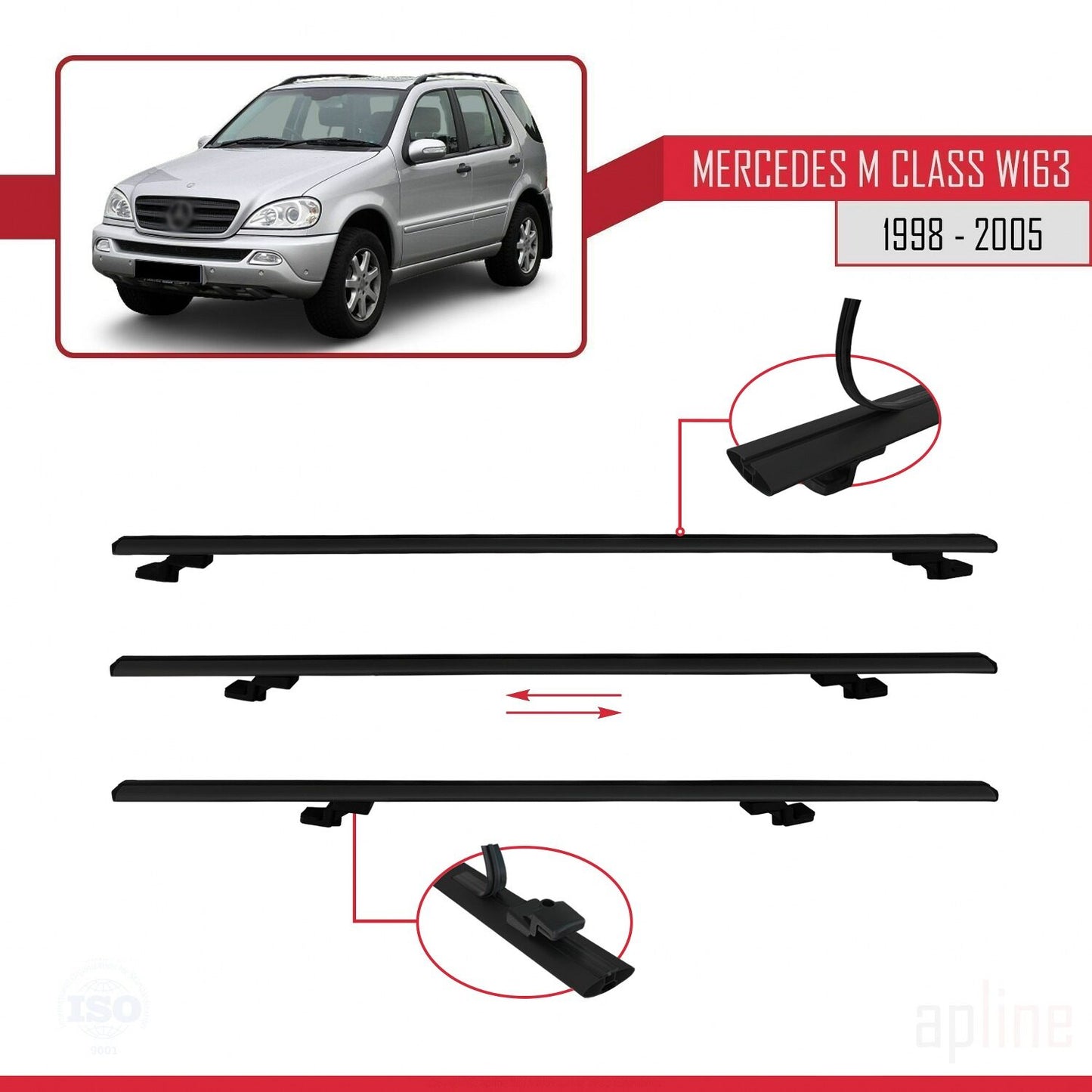 Compatible avec Mercedes Classe M (W163) 1998-2005 BASIC Model Barres de Toit Railing Porte-Bagages de Voiture Noir Aluminium 2 Barres