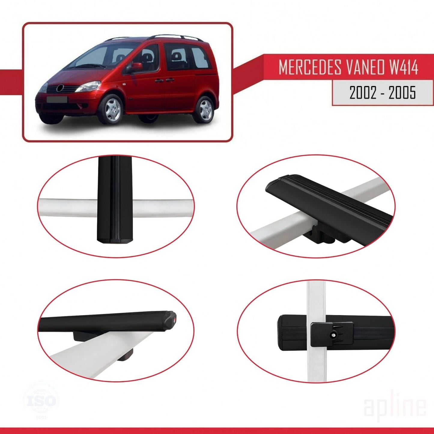 Compatible with Mercedes Vaneo (W414) 2002-2005 BASIC Model Car Roof Rack Cross Bar Black Aluminium 2 Bars