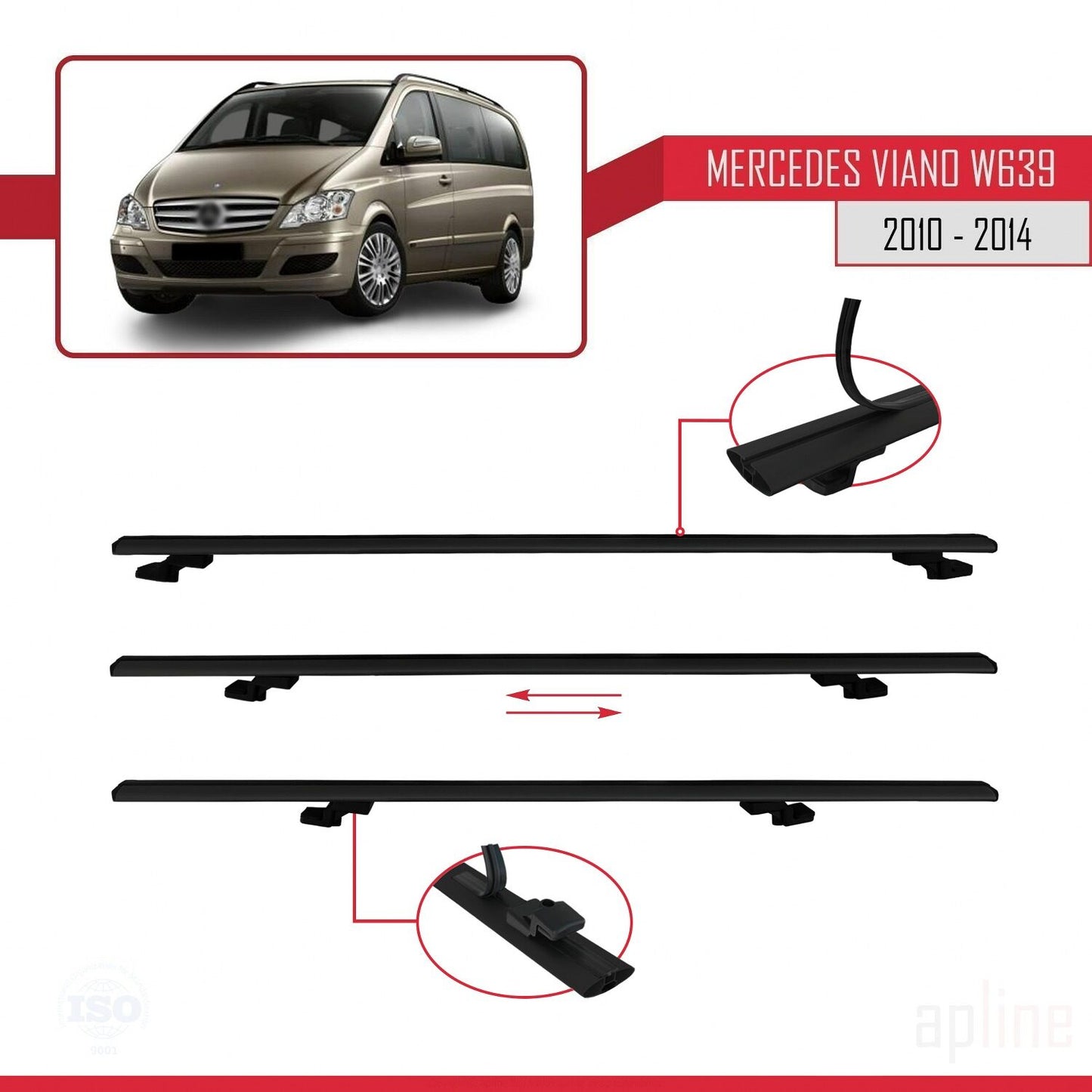 Compatible with Mercedes Viano 2 (W639) Post-Facelift 2010-2014 BASIC Model Car Roof Rack Cross Bar Black Aluminium 3 Bars