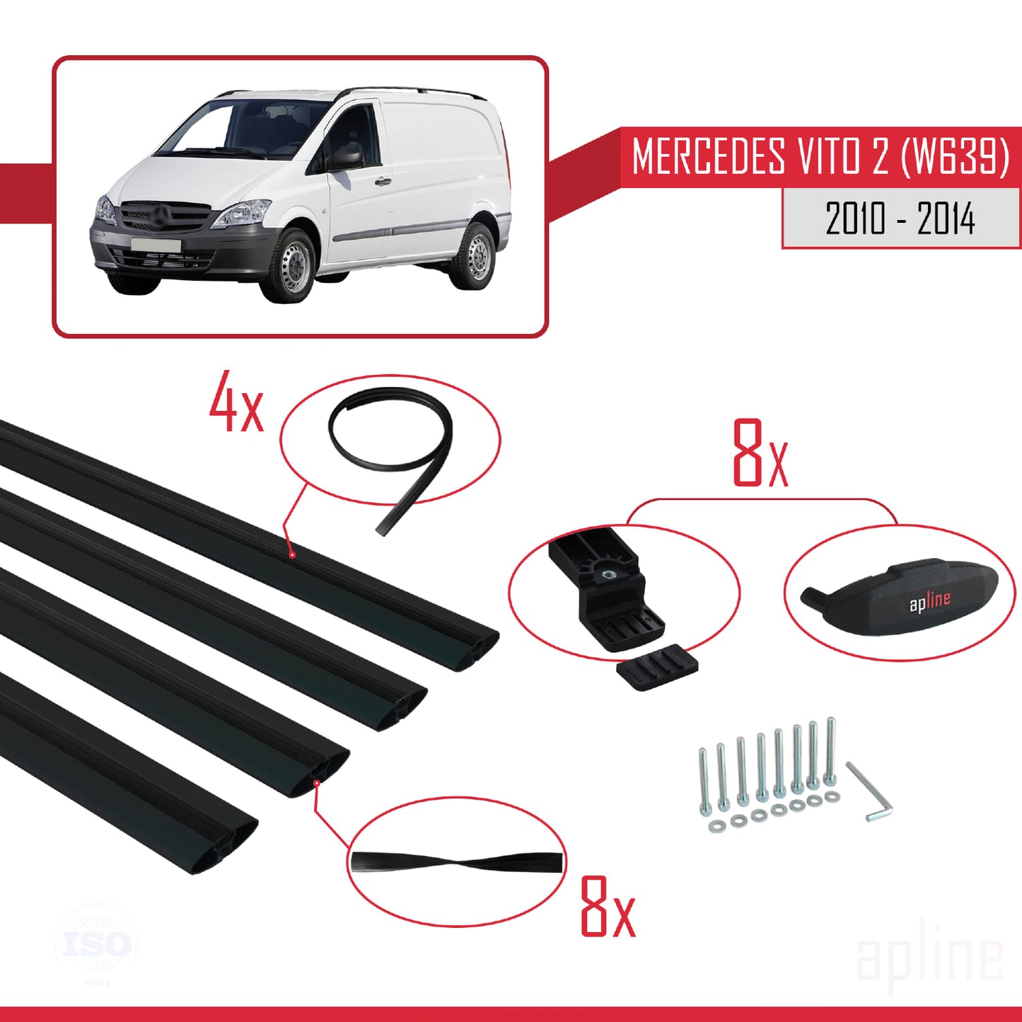 Compatible with Mercedes Vito 2 (W639) Post-Facelift 2010-2014 BASIC Model Car Roof Rack Cross Bar Black Aluminium 4 Bars
