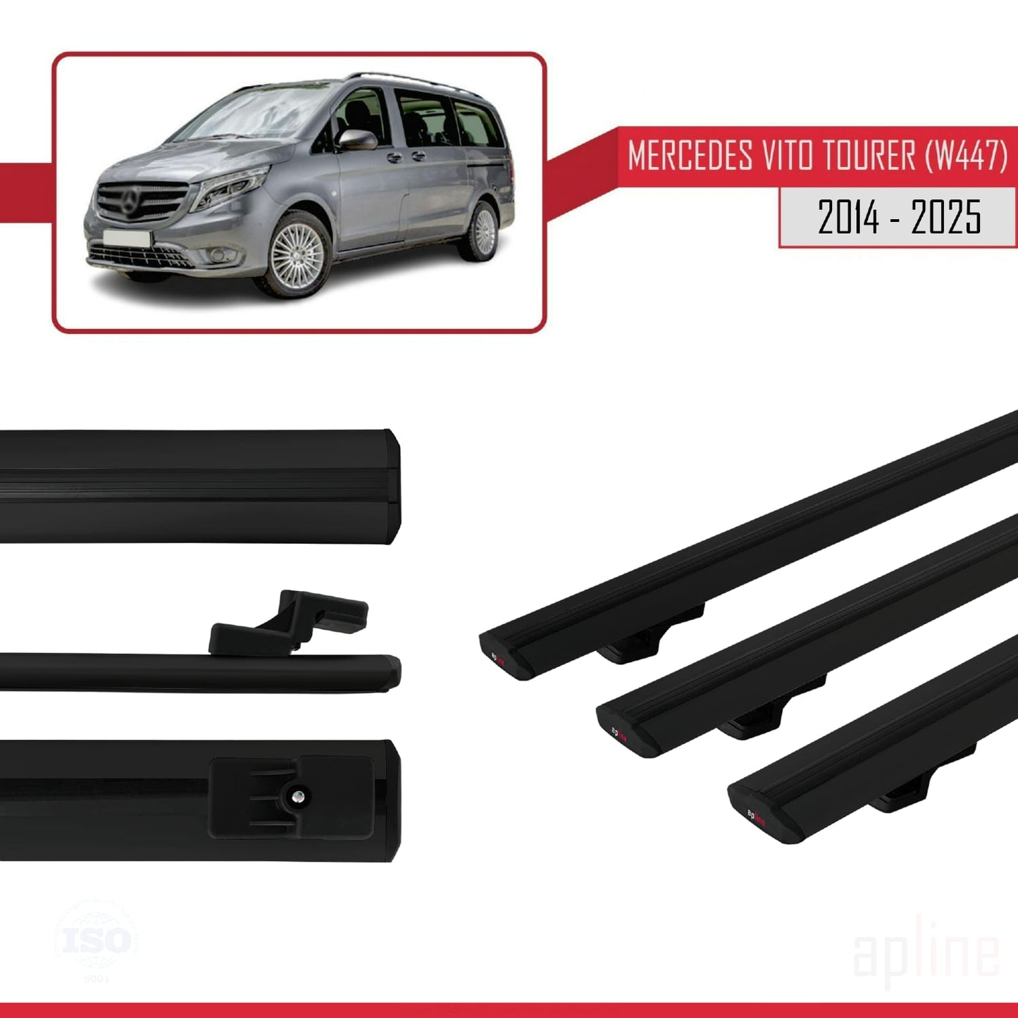 Compatible with Mercedes Vito Tourer (W447) 2014-2025 BASIC Model Car Roof Rack Cross Bar Black Aluminium 3 Bars