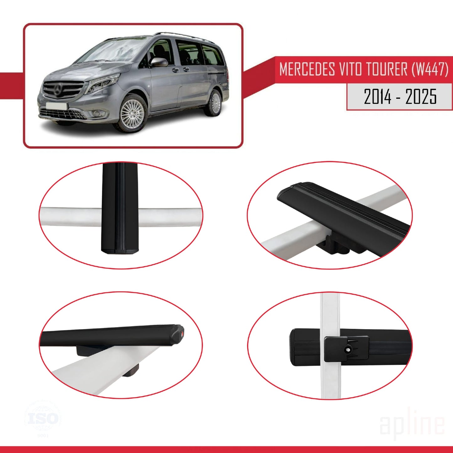 Compatible with Mercedes Vito Tourer (W447) 2014-2025 BASIC Model Car Roof Rack Cross Bar Black Aluminium 2 Bars