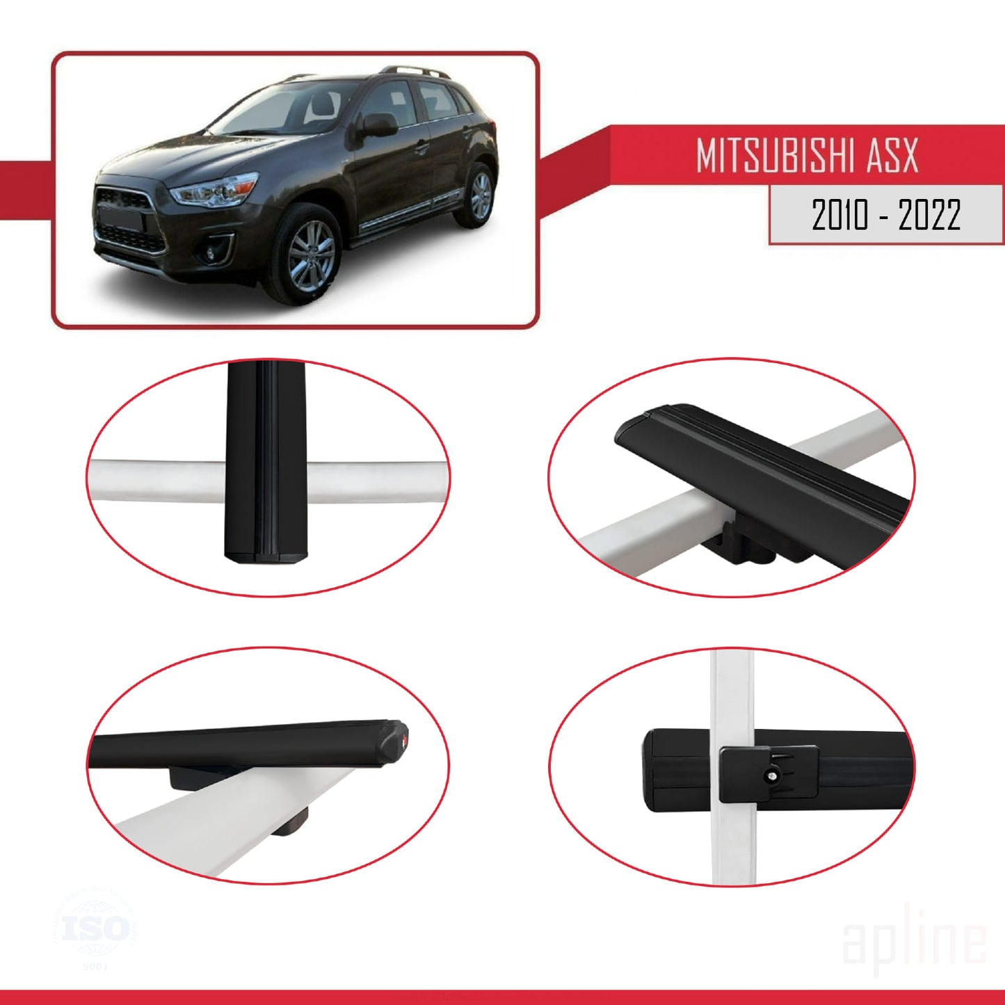 Compatible avec Mitsubishi ASX (GA) 2010-2022 BASIC Model Barres de Toit Railing Porte-Bagages de Voiture Noir Aluminium 3 Barres