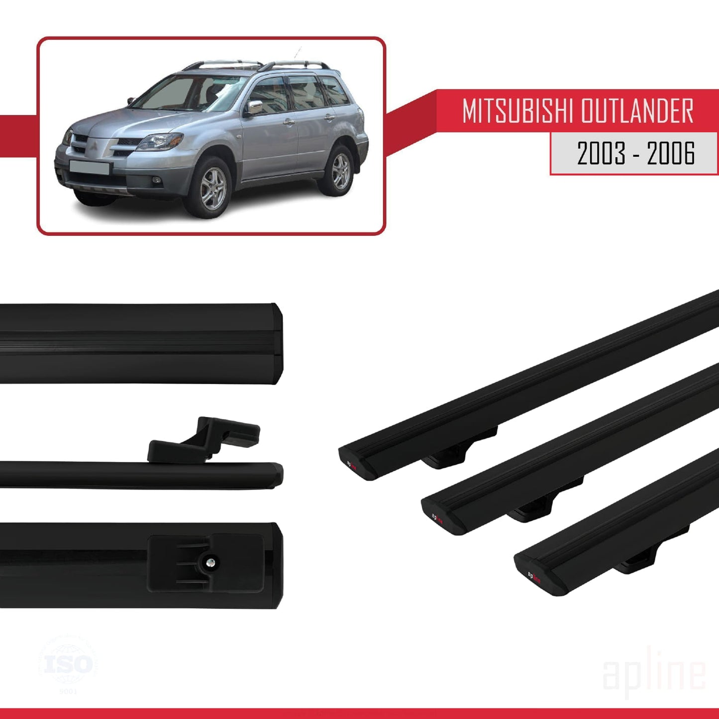Compatible with Mitsubishi Outlander 2003-2006 BASIC Model Car Roof Rack Cross Bar Black Aluminium 3 Bars