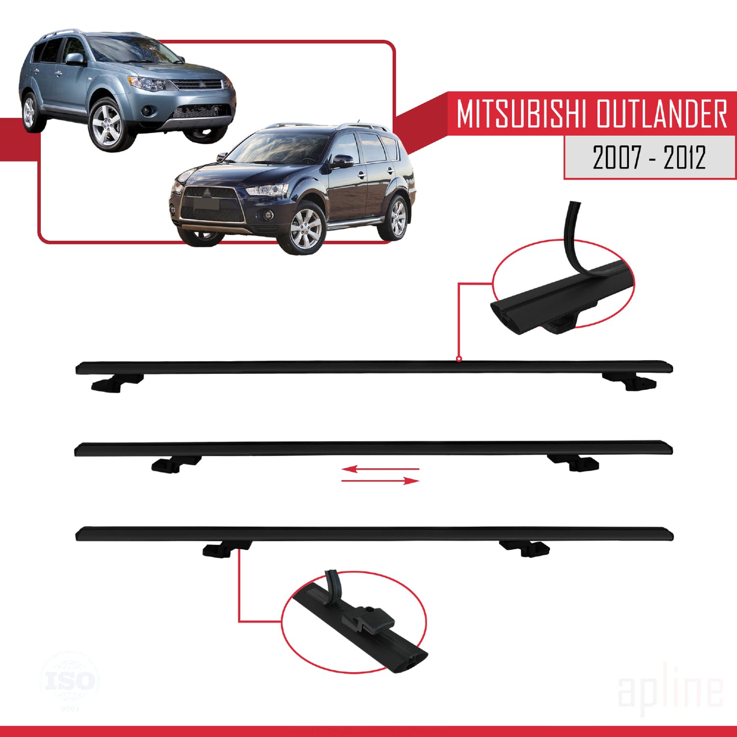 Compatible avec Mitsubishi Outlander 2 2007-2012 BASIC Model Barres de Toit Railing Porte-Bagages de Voiture Noir Aluminium 2 Barres