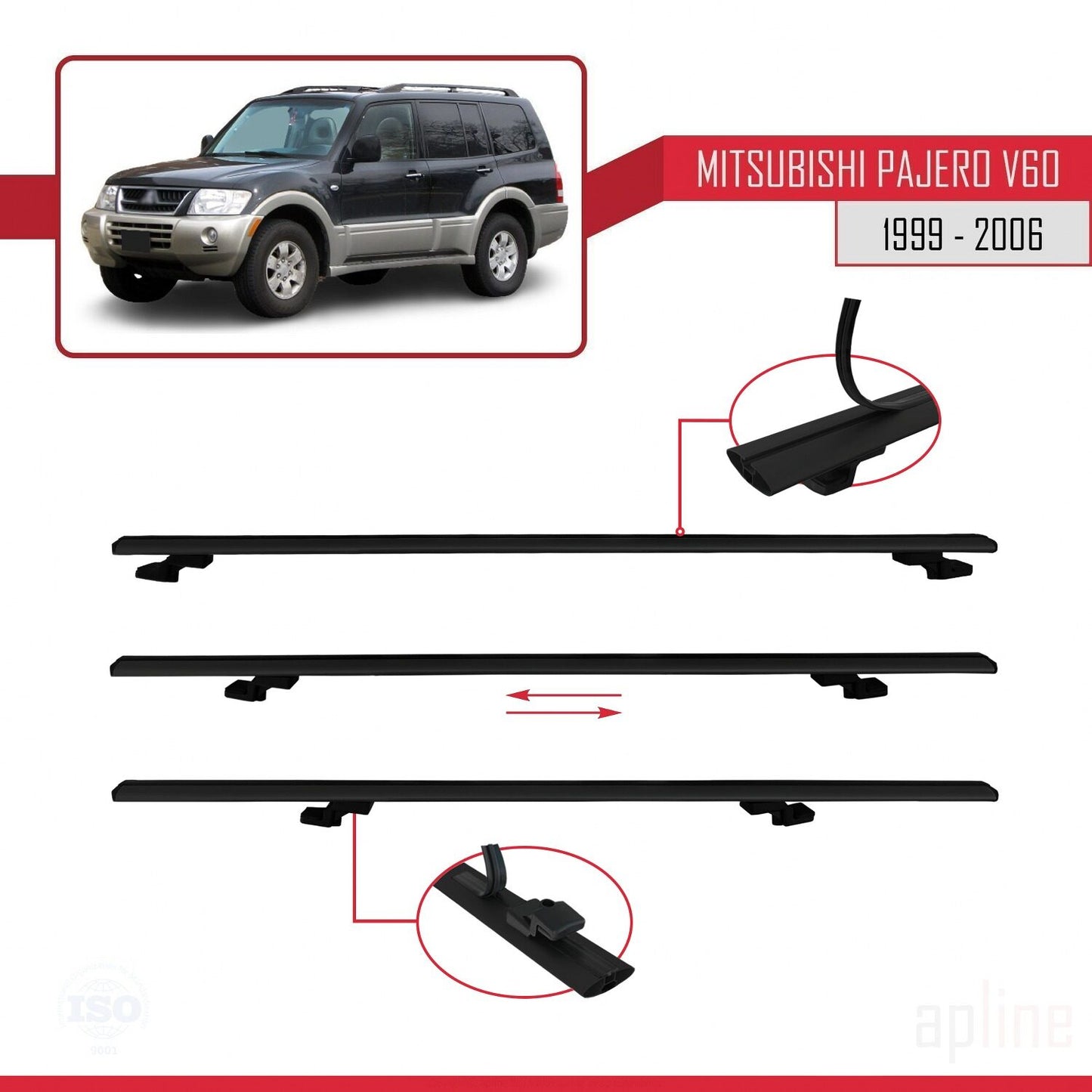 Compatible with Mitsubishi Pajero (V60) 5 Kapı 1999-2006 BASIC Model Car Roof Rack Cross Bar Black Aluminium 3 Bars