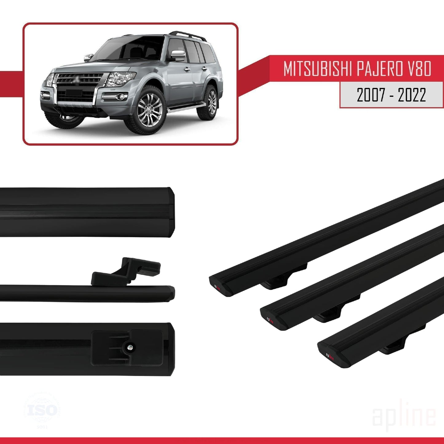 Compatible with Mitsubishi Pajero (V80) 2007-2022 BASIC Model Car Roof Rack Cross Bar Black Aluminium 3 Bars