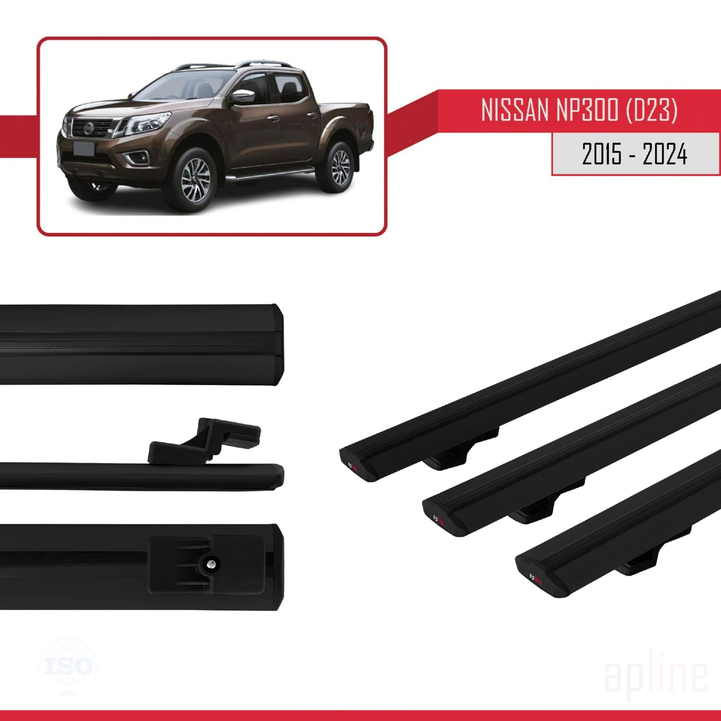 Compatible with Nissan NP300 (D23) 2015-2021 BASIC Model Car Roof Rack Cross Bar Black Aluminium 3 Bars