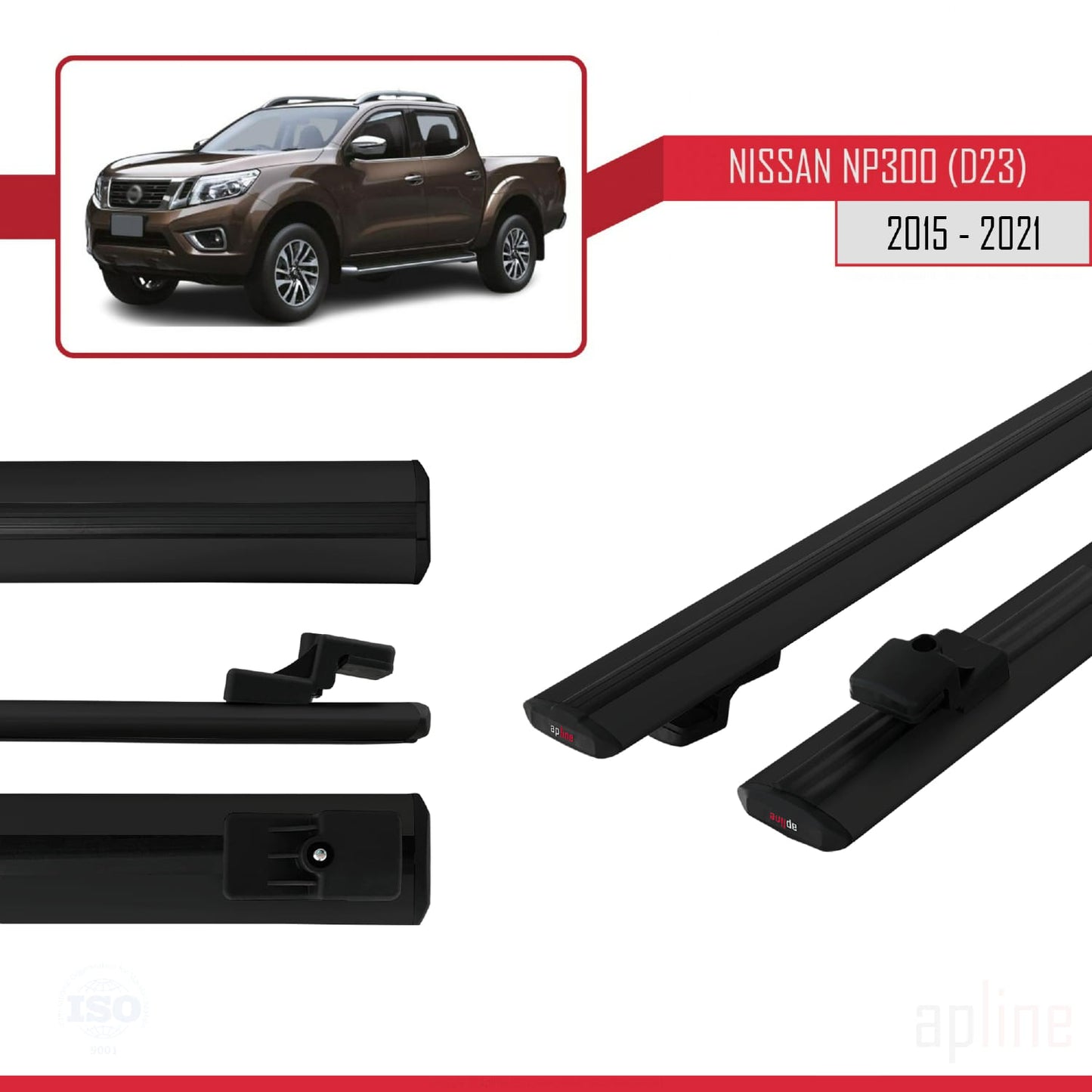 Compatible with Nissan NP300 (D23) 2015-2021 BASIC Model Car Roof Rack Cross Bar Black Aluminium 2 Bars