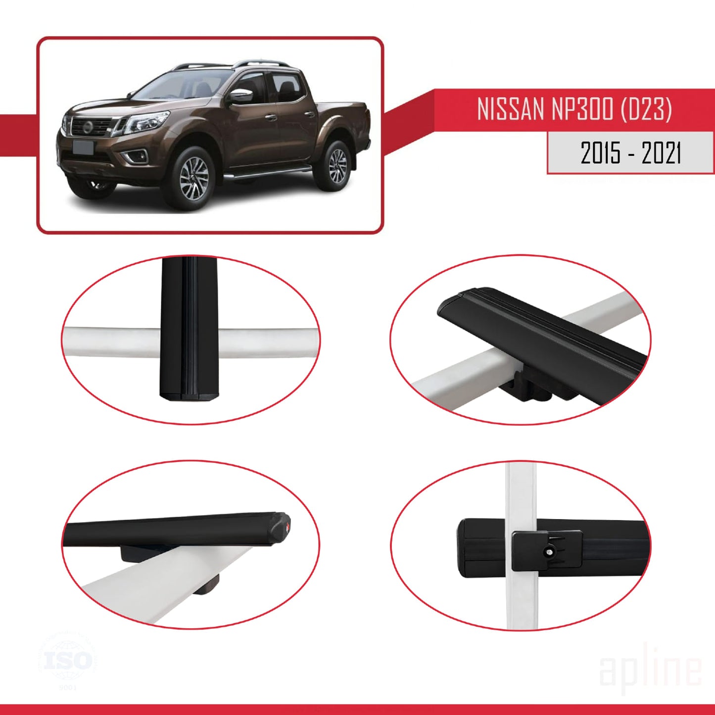 Compatible with Nissan NP300 (D23) 2015-2021 BASIC Model Car Roof Rack Cross Bar Black Aluminium 2 Bars