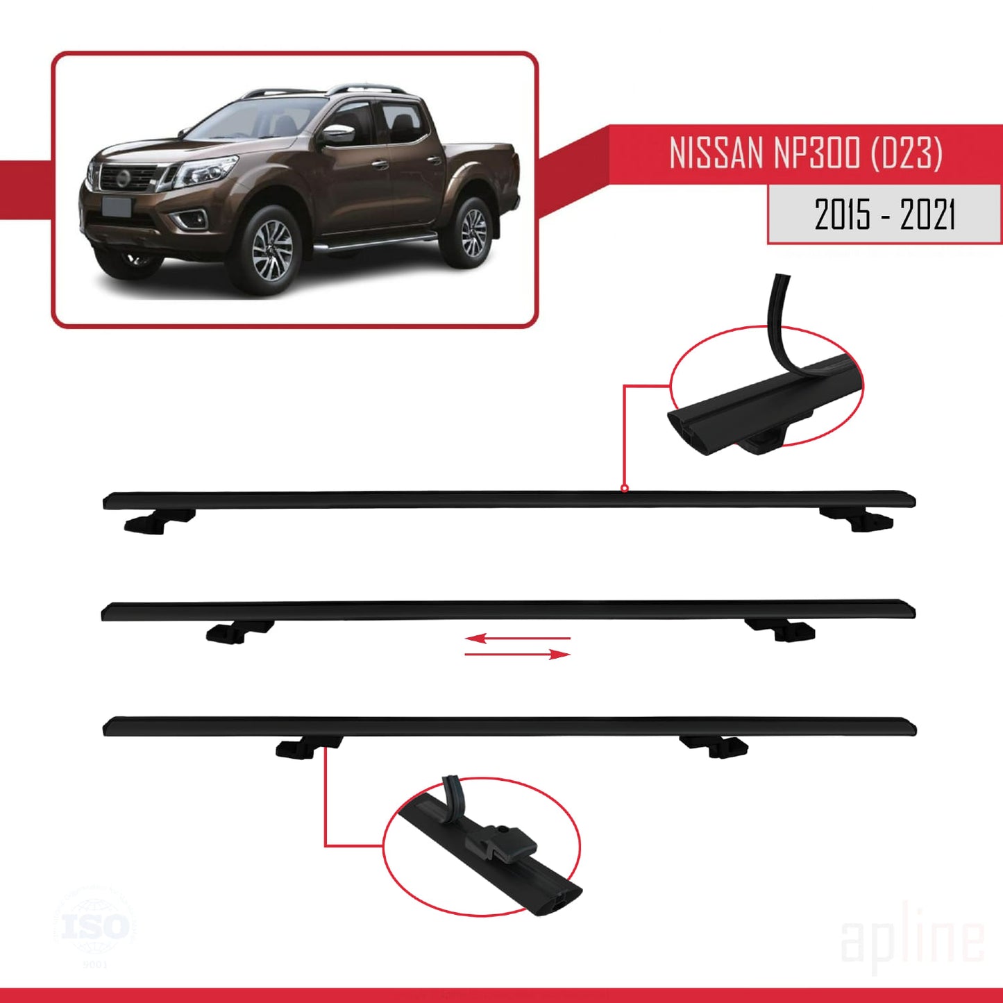 Compatible with Nissan NP300 (D23) 2015-2021 BASIC Model Car Roof Rack Cross Bar Black Aluminium 2 Bars