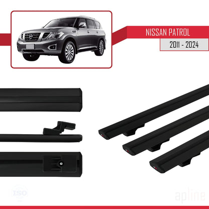 Compatible avec Nissan Patrol 6 (Y62) 2011-2024 BASIC Model Barres de Toit Railing Porte-Bagages de Voiture Noir Aluminium 3 Barres
