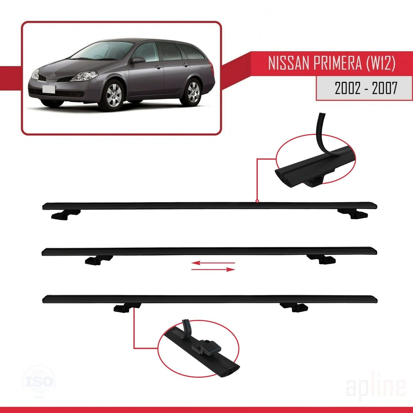 Compatible avec Nissan Primera 3 (W12) Traveller 2002-2007 BASIC Model Barres de Toit Railing Porte-Bagages de Voiture Noir Aluminium 3 Barres