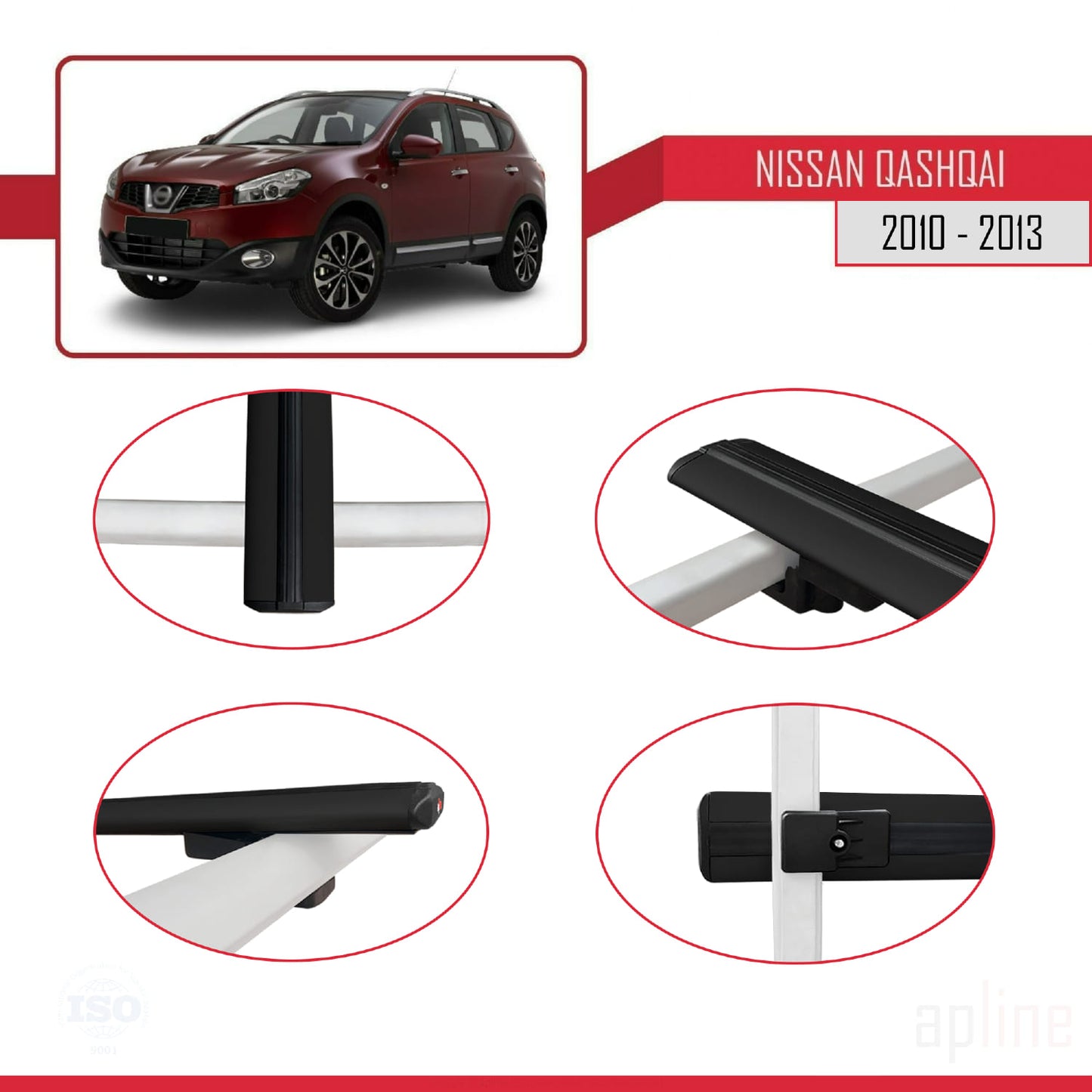 Compatible avec Nissan Qashqai (J10) Post-Facelift 2010-2013 BASIC Model Barres de Toit Railing Porte-Bagages de Voiture Noir Aluminium 2 Barres