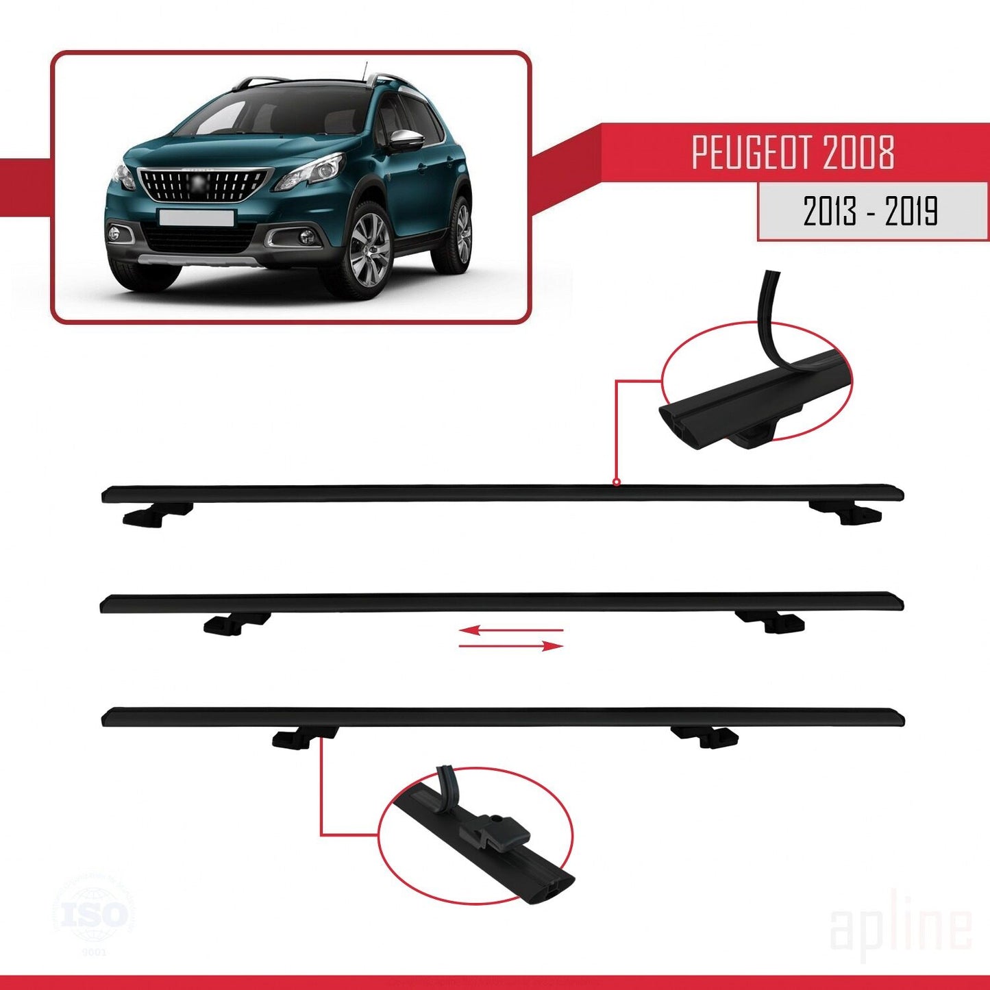 Compatible avec Peugeot 2008 (A94) 2013-2019 BASIC Model Barres de Toit Railing Porte-Bagages de Voiture Noir Aluminium 3 Barres