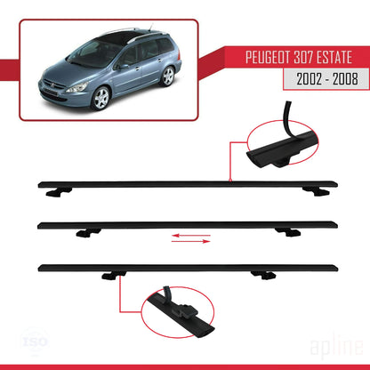 Compatible avec Peugeot 307 Break 2002-2008 BASIC Model Barres de Toit Railing Porte-Bagages de Voiture Noir Aluminium 2 Barres