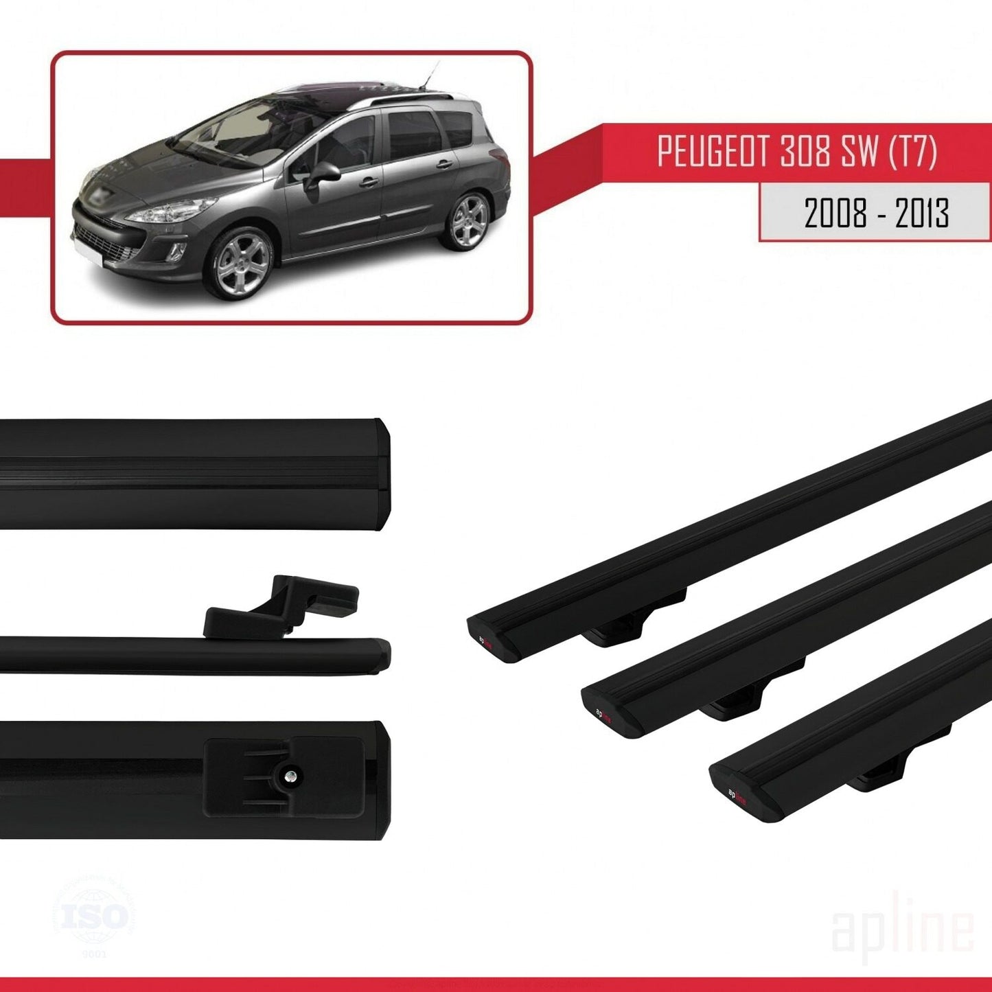 Compatible avec Peugeot 308 (T7) Break 2008-2013 BASIC Model Barres de Toit Railing Porte-Bagages de Voiture Noir Aluminium 3 Barres