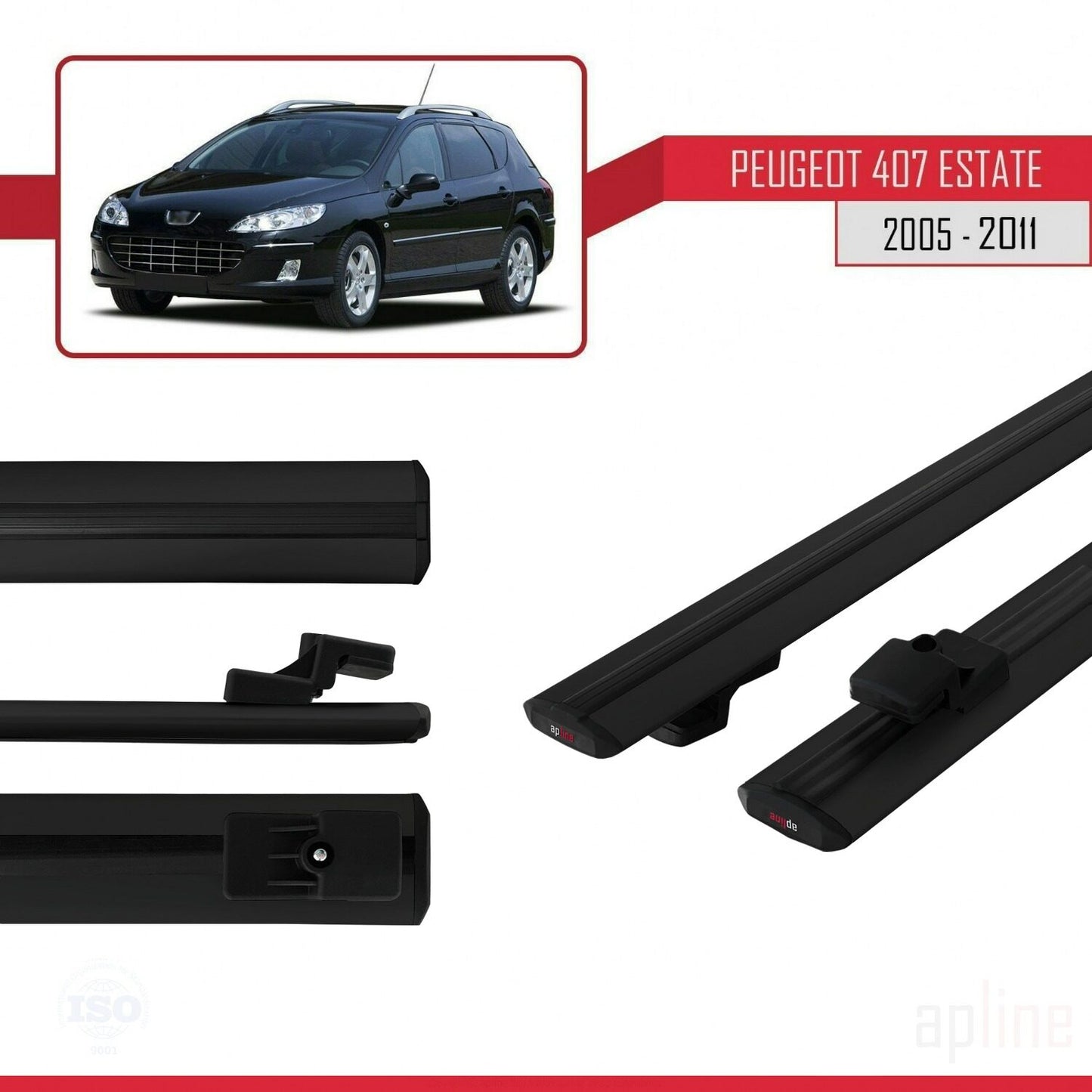 Compatible avec Peugeot 407 Break 2005-2011 BASIC Model Barres de Toit Railing Porte-Bagages de Voiture Noir Aluminium 2 Barres