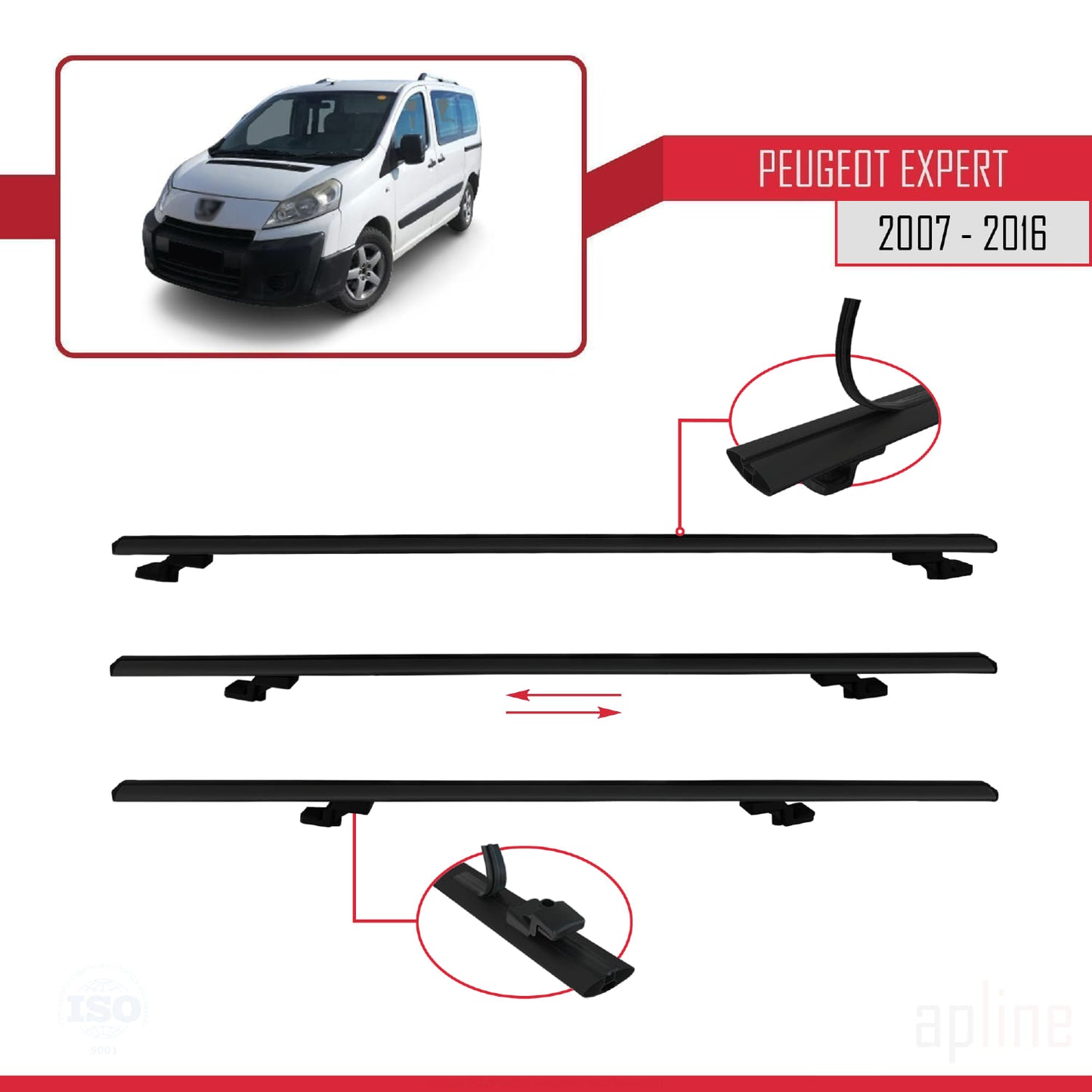 Compatible with Peugeot Expert 2 2007-2016 BASIC Model Car Roof Rack Cross Bar Black Aluminium 3 Bars