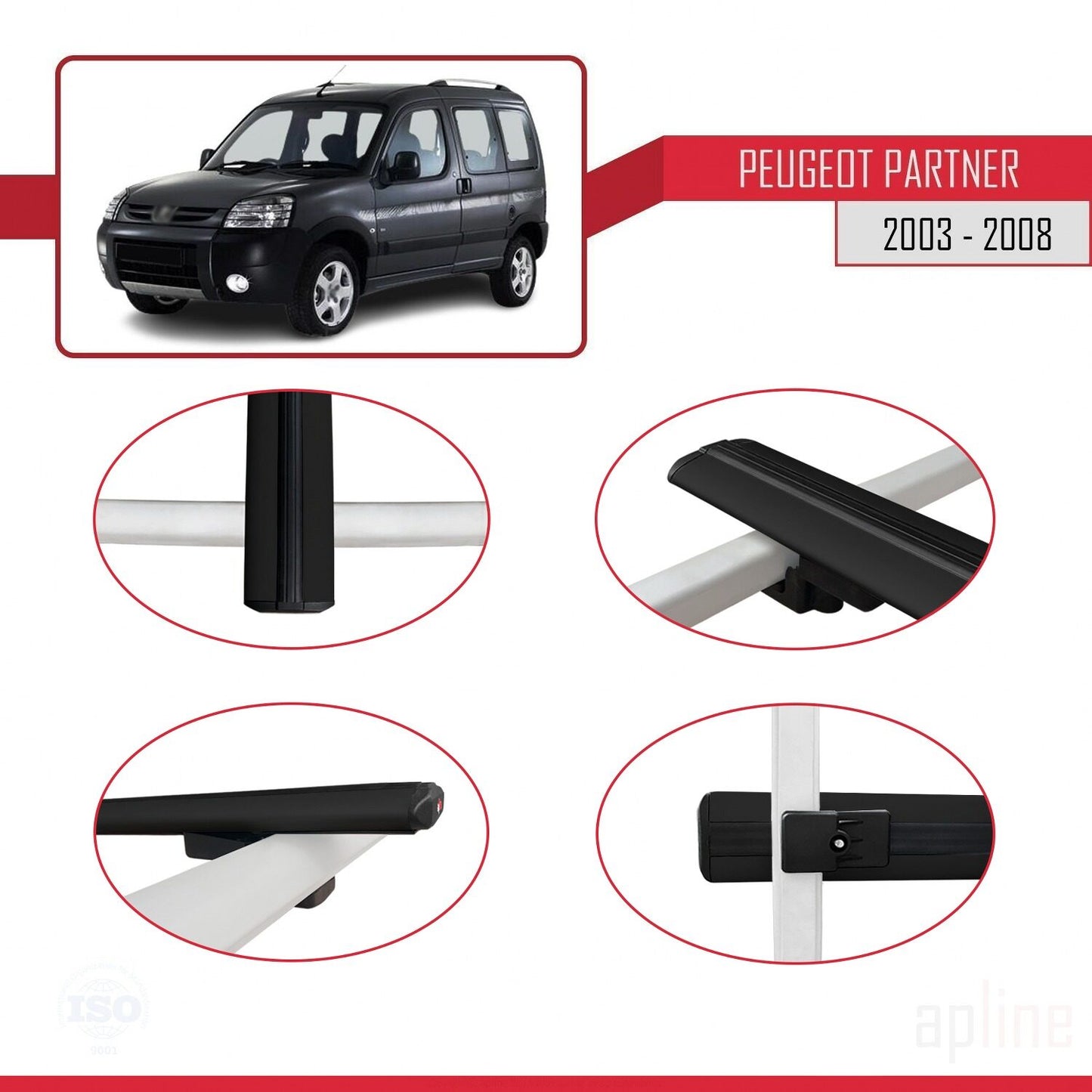 Compatible with Peugeot Partner Post-Facelift 2003-2008 BASIC Model Car Roof Rack Cross Bar Black Aluminium 3 Bars