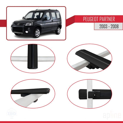 Compatible avec Peugeot Partner Post-Facelift 2003-2008 BASIC Model Barres de Toit Railing Porte-Bagages de Voiture Noir Aluminium 2 Barres