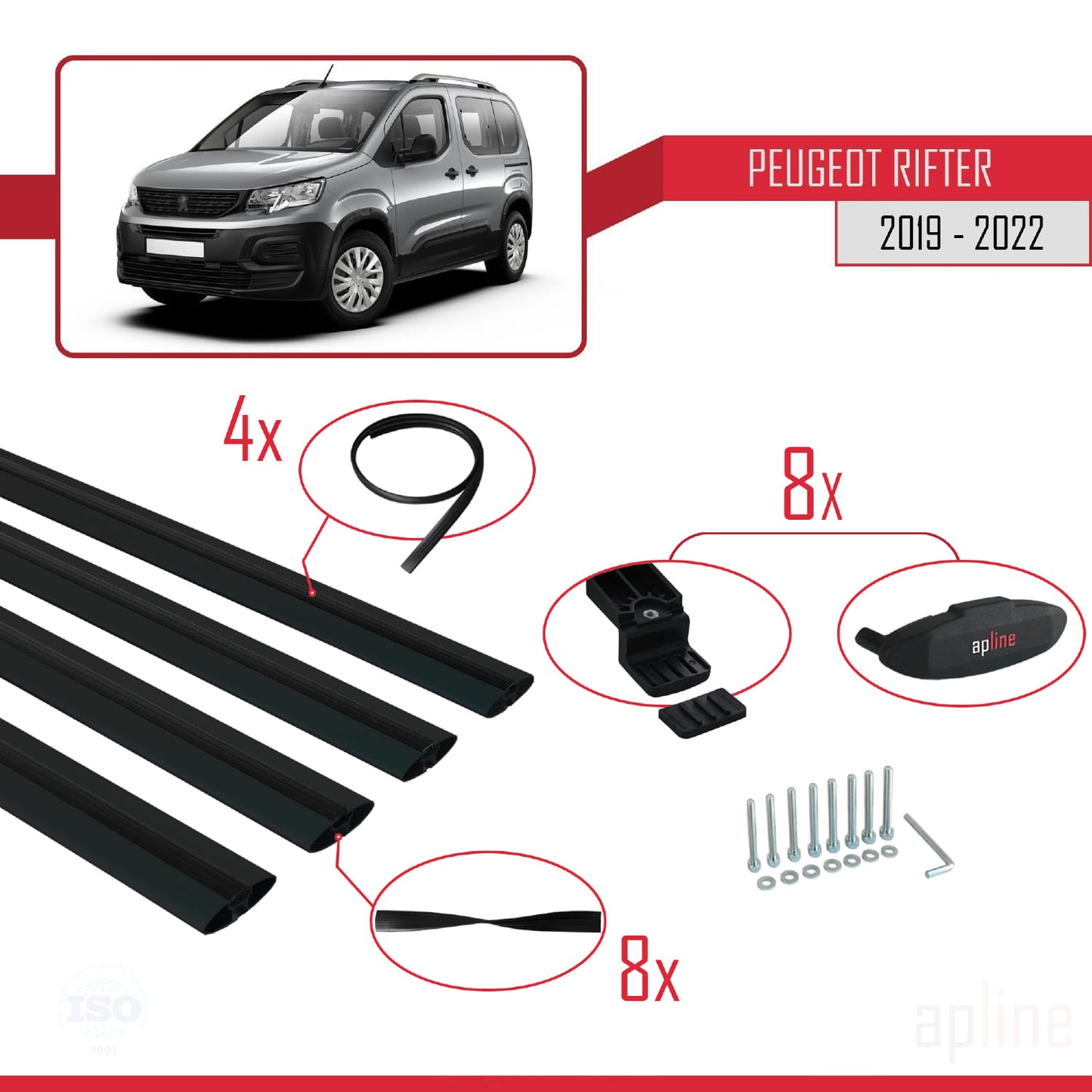 Compatible with Peugeot Rifter 2019-2022 BASIC Model Car Roof Rack Cross Bar Black Aluminium 4 Bars
