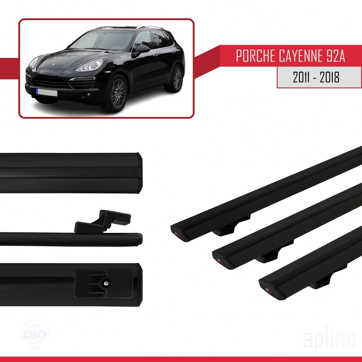 Compatible with Porsche Cayenne 2 (92A) 2011-2018 BASIC Model Car Roof Rack Cross Bar Black Aluminium 3 Bars