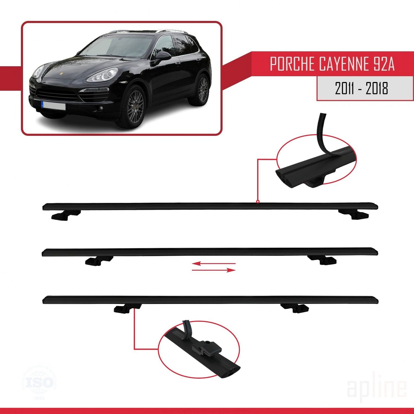 Compatible with Porsche Cayenne 2 (92A) 2011-2018 BASIC Model Car Roof Rack Cross Bar Black Aluminium 3 Bars