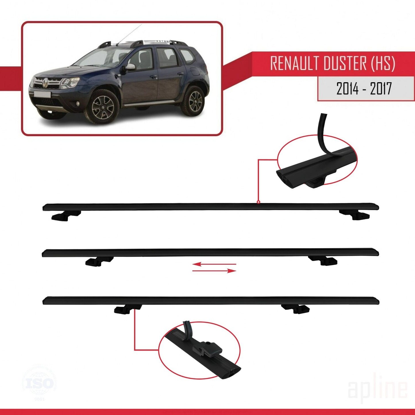 Compatible with Renault Duster (HS) Post-Facelift 2014-2017 BASIC Model Car Roof Rack Cross Bar Black Aluminium 2 Bars