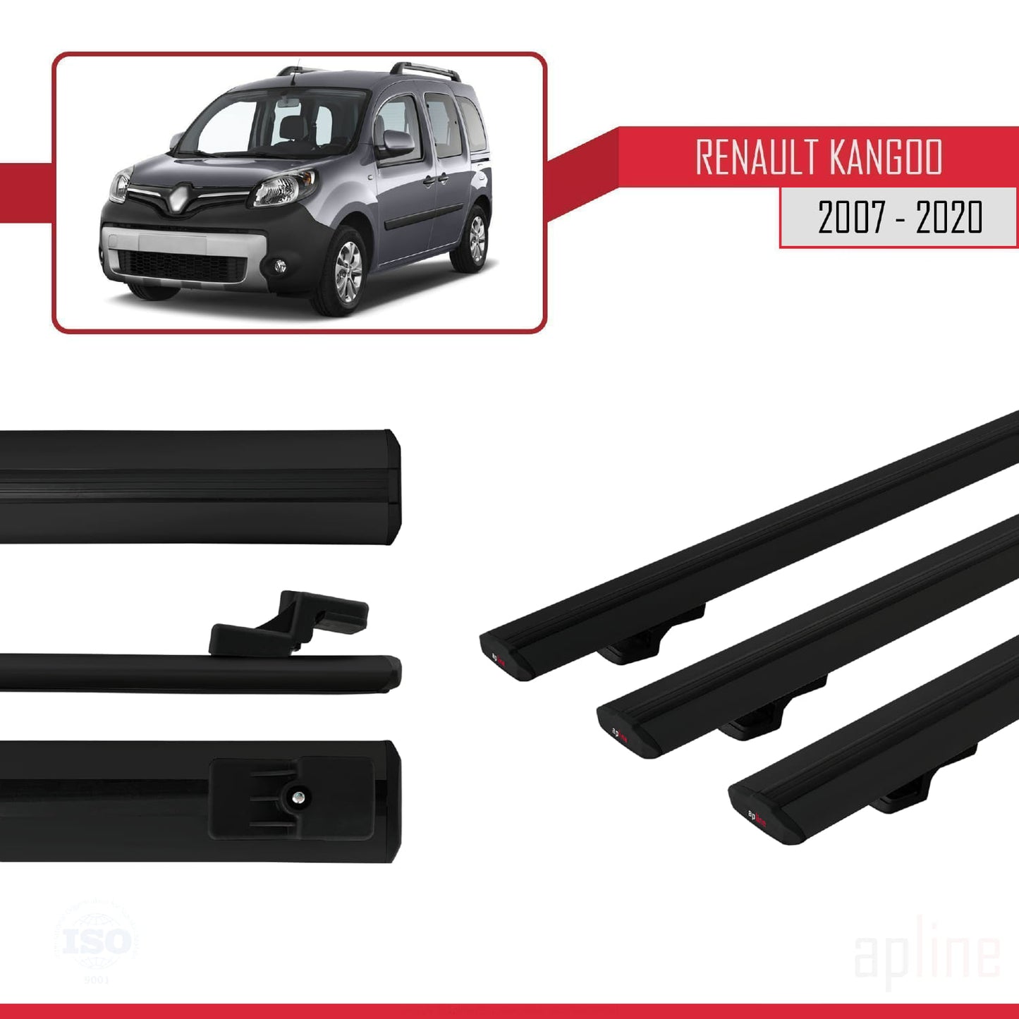 Compatible avec Renault Kangoo 2 (X61) 2007-2020 BASIC Model Barres de Toit Railing Porte-Bagages de Voiture Noir Aluminium 3 Barres