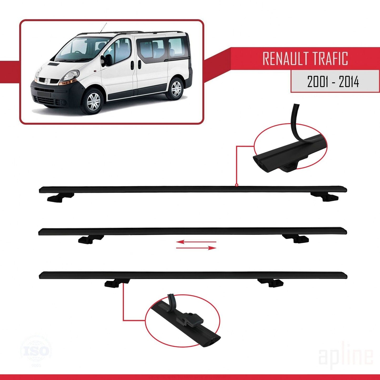 Compatible avec Renault Trafic 2 (X83) 2001-2014 BASIC Model Barres de Toit Railing Porte-Bagages de Voiture Noir Aluminium 3 Barres