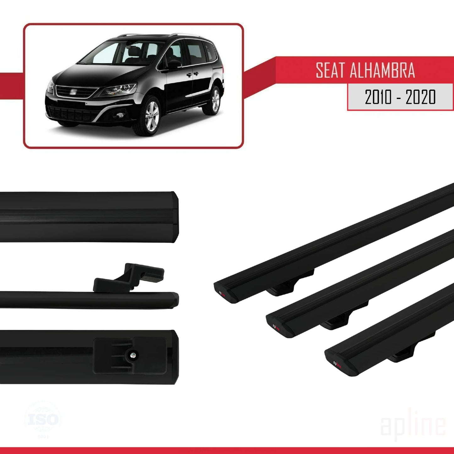 Compatible with Seat Alhambra 2 (7N) 2010-2020 BASIC Model Car Roof Rack Cross Bar Black Aluminium 3 Bars