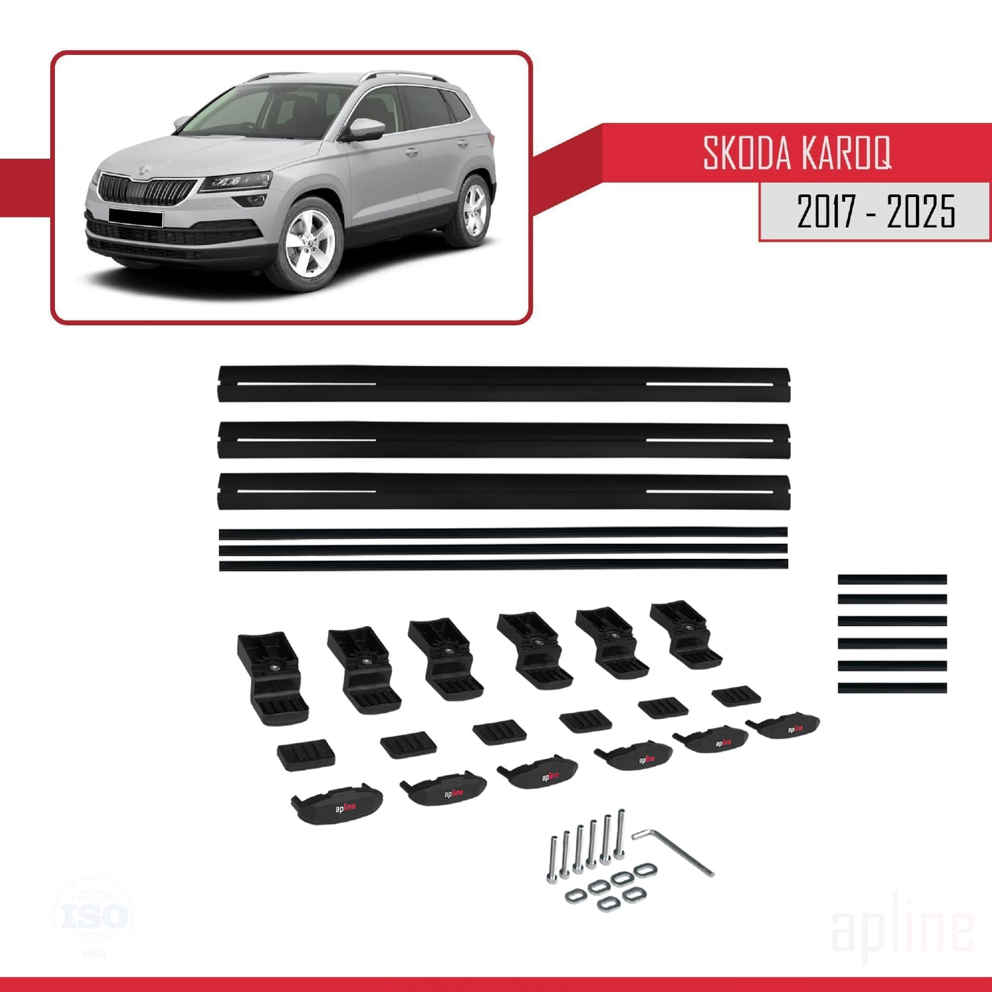 Compatible with Skoda Karoq 2017-2025 BASIC Model Car Roof Rack Cross Bar Black Aluminium 3 Bars