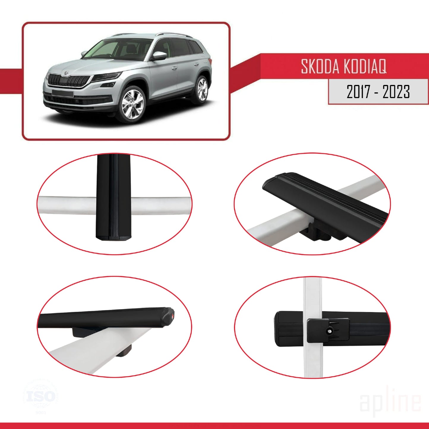 Compatible with Skoda Kodiaq 2017-2023 BASIC Model Car Roof Rack Cross Bar Black Aluminium 3 Bars