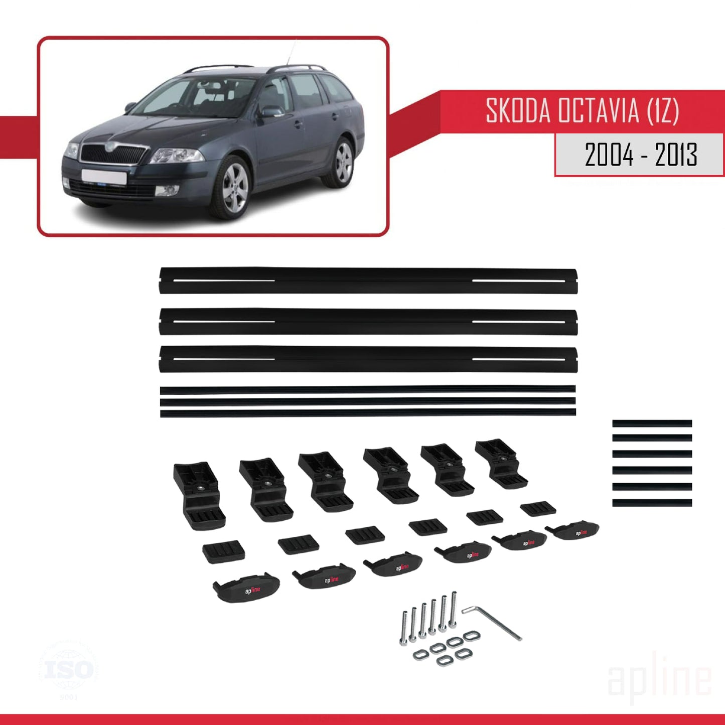 Compatible with Skoda Octavia 2 (1Z) 2004-2013 BASIC Model Car Roof Rack Cross Bar Black Aluminium 3 Bars