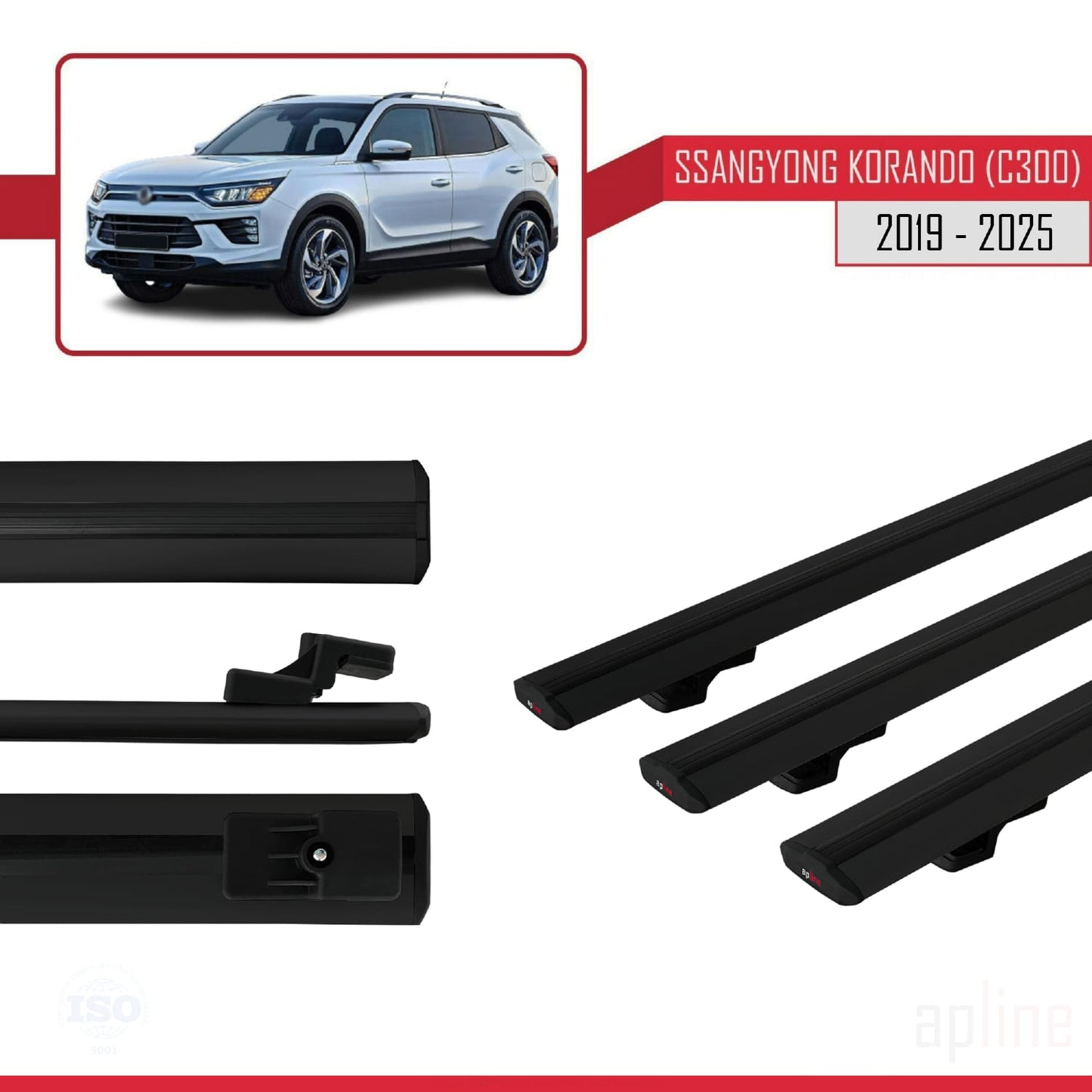 Compatible avec Ssangyong Korando 4 (C300) 2019-2025 BASIC Model Barres de Toit Railing Porte-Bagages de Voiture Noir Aluminium 3 Barres